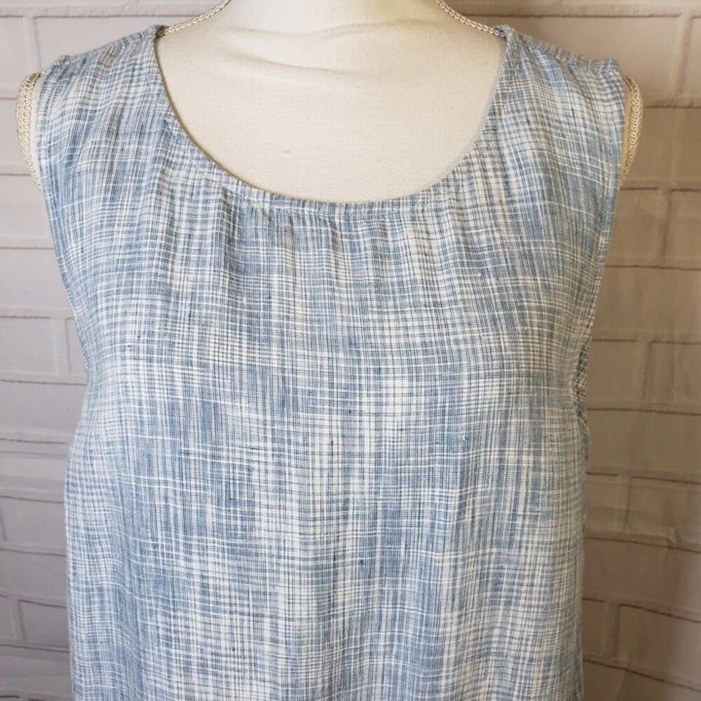 Pure J Jill 100% Linen Blue Crosshatch Sleeveless Shift Dress L large